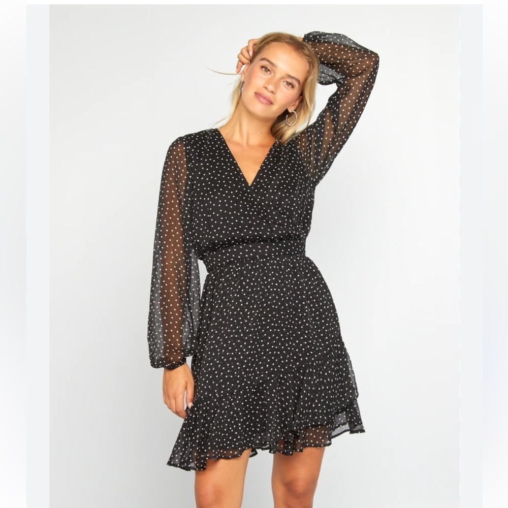 Zara Black Polka Dot Mini Dress Sheer Sleeve V Neck Long Sleeve Women’s XS NWT